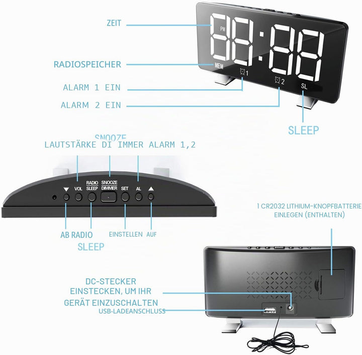 ThreeH Radiowecker für Schlafzimmer mit Zwei USB-Ladeanschlüssen 4 Dimmmodus 7,3'' LED-Bildschirm 12