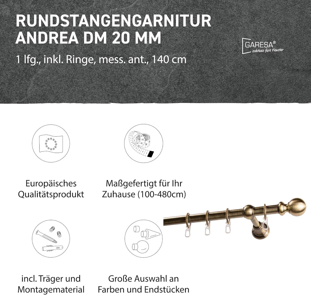 Garesa Gardinenstange Andrea Ø 20mm, 1-läufig, Messing, antik I Stabile Vorhangstange inkl. Ringe +