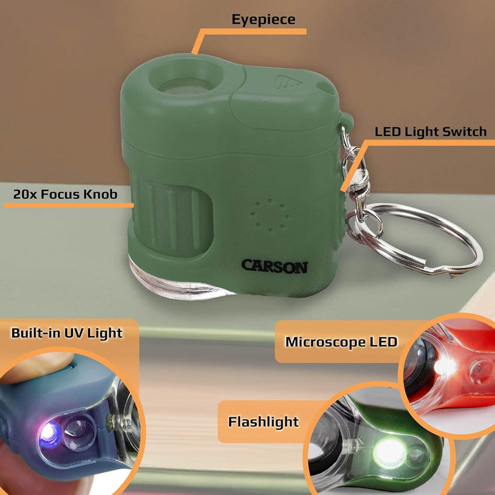 Carson MicroMini 20x LED Taschenmikroskop mit UV-Licht und Taschenlampenfunktion, Safari Green (MM-2