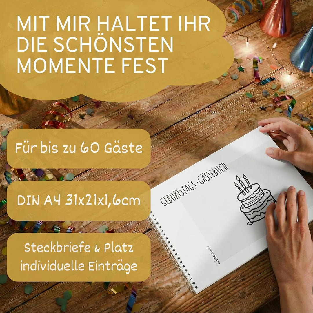 Gästebuch Geburtstag mit Fragen | 60 Seiten | 7 verschiedene Steckbriefe inkl. Fragen | Fotoalbum Ge