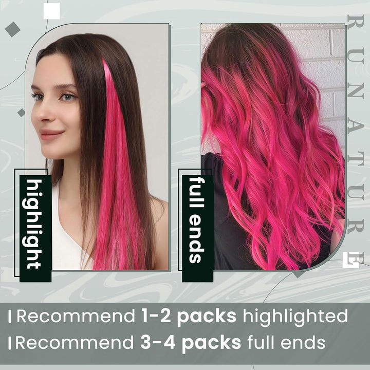 RUNATURE Clip Extensions Echthaar Hot Pink Natural Hair Extensions Clip in 50cm 5pcs Pink Haarverlän