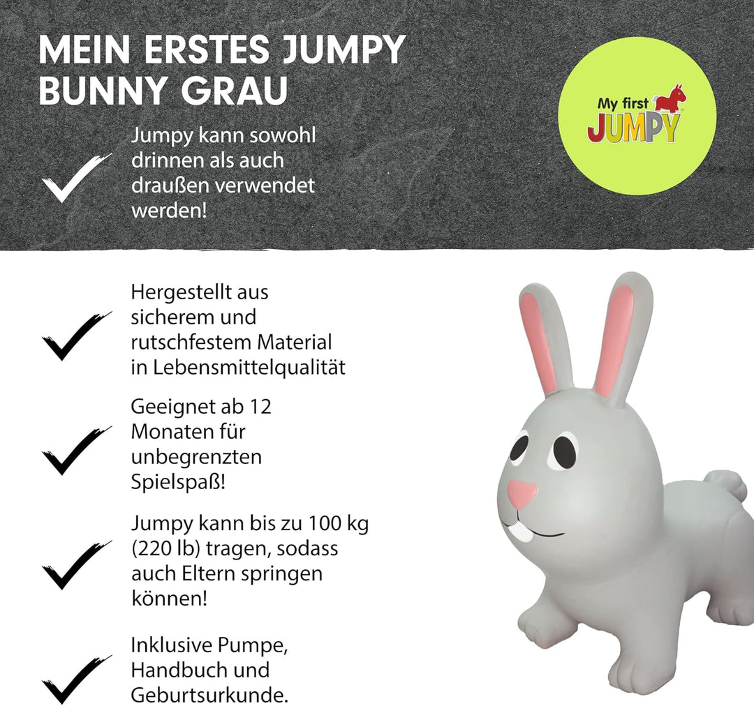 GERARDO'S Toys Jumpy Hüpftier Hase Grau ca. 58 cm - Hüpftiere ab 1 Jahr - Aufblasbare Tiere für drin