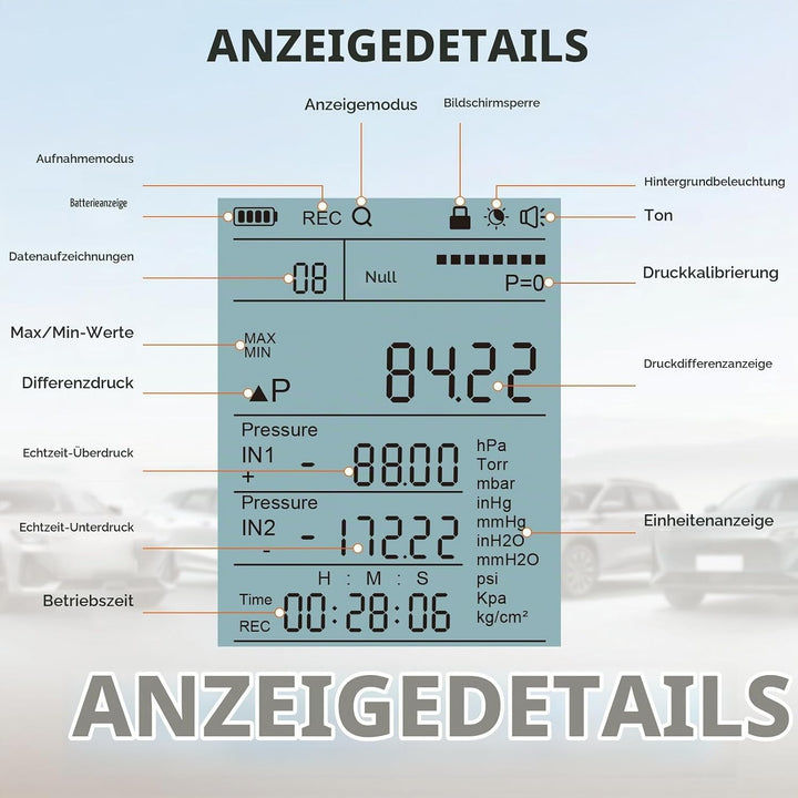 Digitales Manometer PT520,Manometer Wasser,Manometer Druckluft mit Hohem Genauigkeitswert, 10 Messwe
