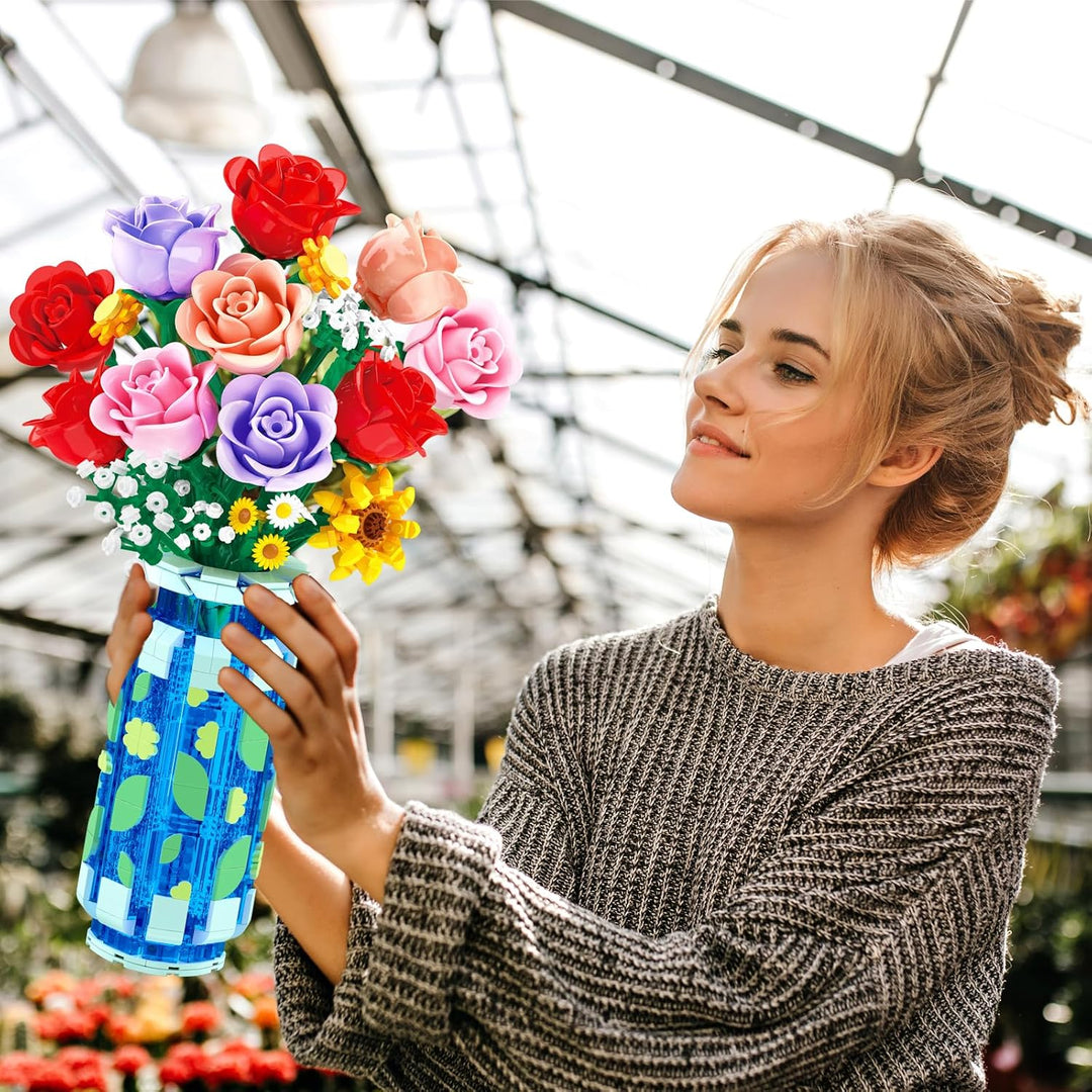 Rosen-Blumen-Bausatz mit Vase und LED-Licht, 16 Mini-Blumensträusse, botanisches Bausteinspielzeug f