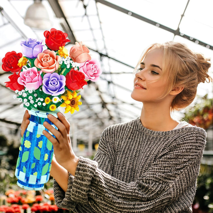 Rosen-Blumen-Bausatz mit Vase und LED-Licht, 16 Mini-Blumensträusse, botanisches Bausteinspielzeug f