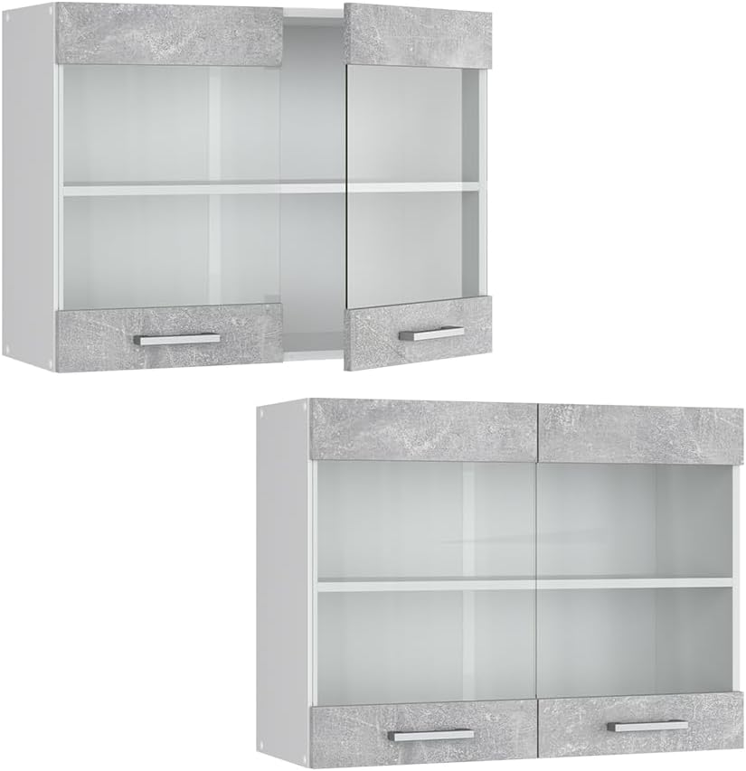 Vicco Küchenschrank Glas R-Line, Beton/Weiss, 80 cm Beton Hängeglasschrank 80cm, Beton Hängeglasschr