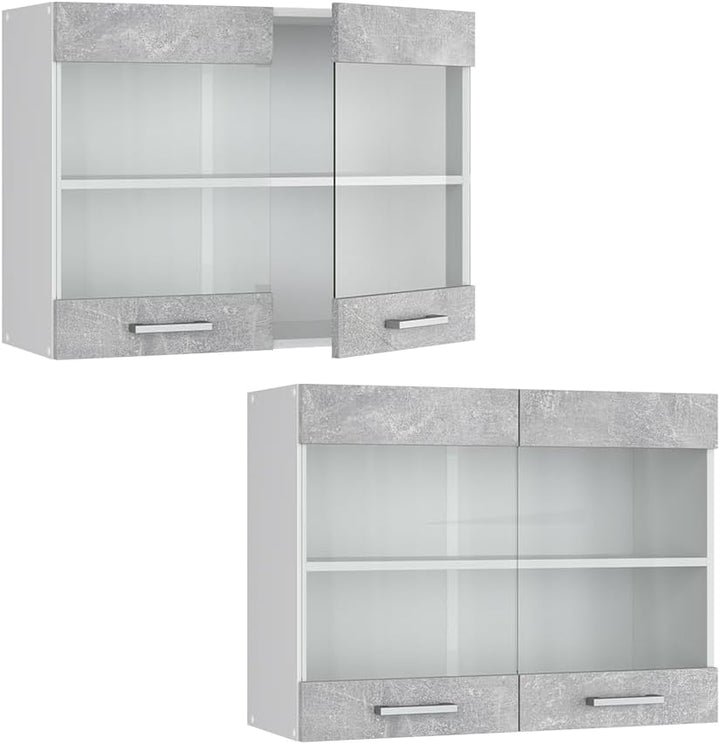 Vicco Küchenschrank Glas R-Line, Beton/Weiss, 80 cm Beton Hängeglasschrank 80cm, Beton Hängeglasschr