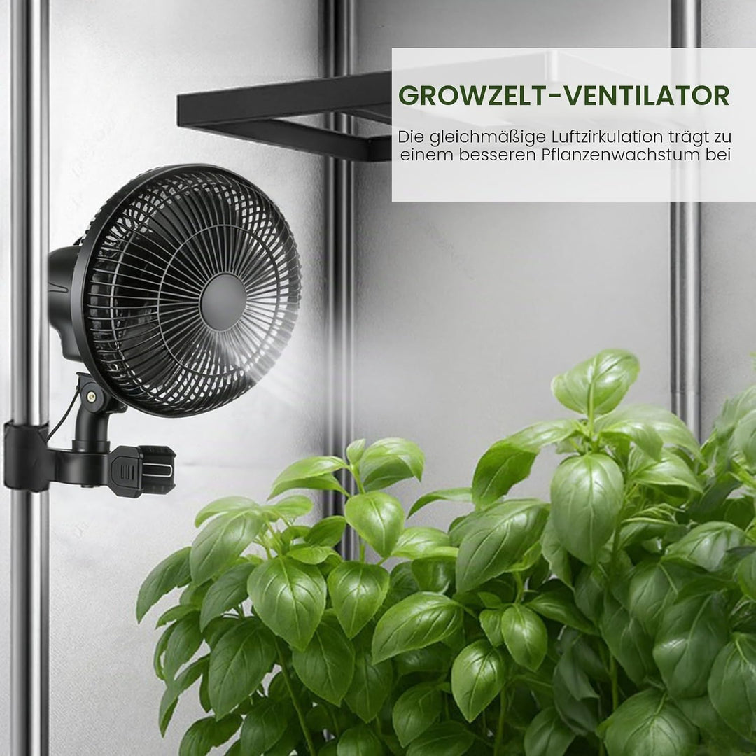 Grow Clip-Ventilator 25W, Oszillierender Klemmbar 22cm Durchmesser für Growzelt Growbox mit 1.5m lan