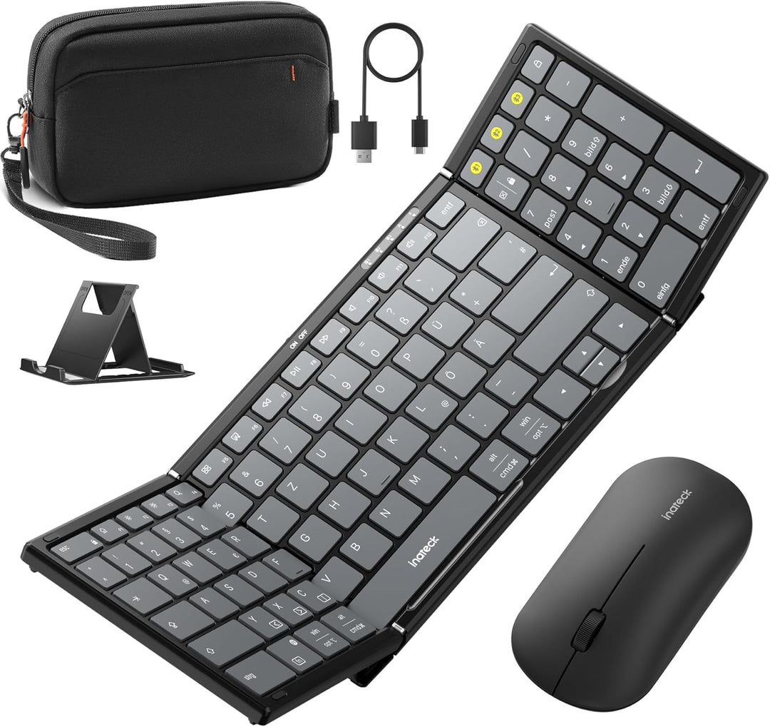 Inateck Faltbare Tastatur Maus Set Kabellos,Klappbare Tastatur mit Ziffernblock mit 3 Kanälen,mit St
