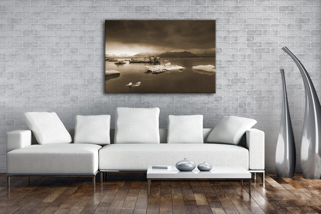 deyoli düstere Eislandschaft Format: 80x60 Effekt: Sepia als Leinwand, Motiv fertig gerahmt auf Echt