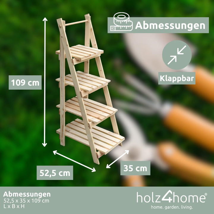 holz4home® Pflanzleiter mit 4 Ablagen I Grösse: 52,5 x 109 x 35 cm I Blumentreppe aus Tannenholz hel