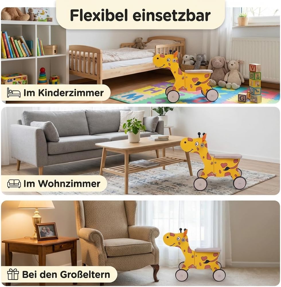Kinder Rutscher aus Holz Giraffe Happy, Holzrutscher mit 4 Rädern, Handgriffen & Flacher Sitzfläche,