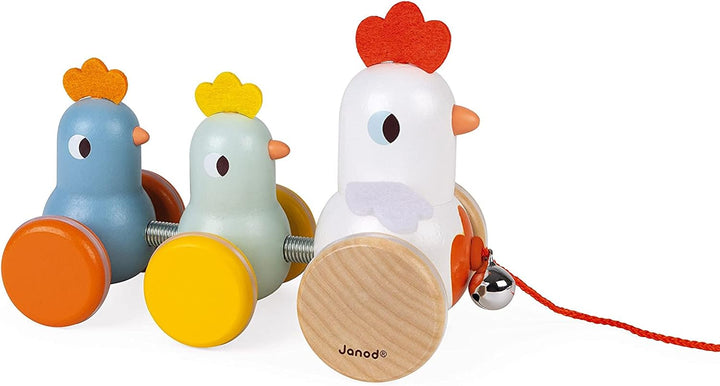 Janod - Henne mit Küken zum Ziehen aus Holz - Nachziehspielzeug - frühes Lernen für Kleinkinder - le