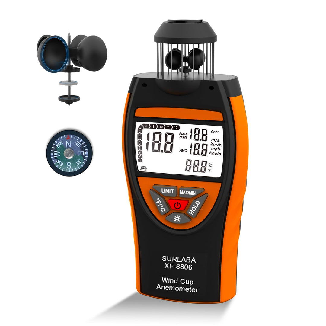 SURLABA Digital Cup Windmesser, Anemometer XF-8806 ±4% Hoher Genauigkeit Wind Gauge Misst MAX/MIN/AV