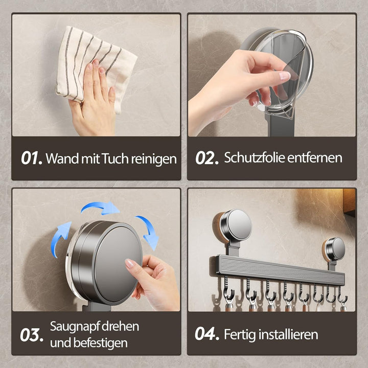 FERCOSEN Hakenleiste Küche ohne Bohren mit Saugnapf | 12 Haken, 60 cm lang, 20 kg Tragfähigkeit, 1-M