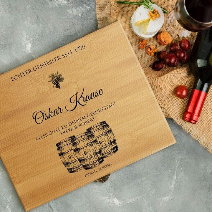 Maverton Weinöffner-Set personalisiert Weinset Sommelier Set - Geschenkbox Holzbox + 6er Weinzubehör