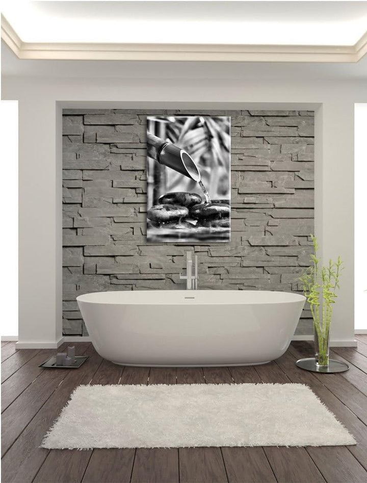 Pixxprint Bambusbrunnen mit Steinen, Grösse: 120x80cm, Leinwandbild, fertig gespannt, Wandbild, Deko