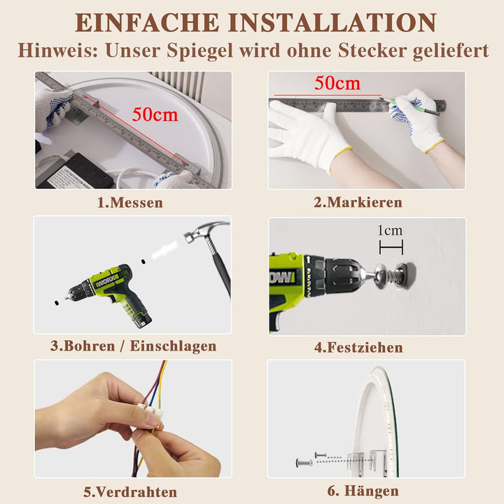 Badspiegel mit Beleuchtung - Badezimmer-Spiegel-LED mit Beschlagfrei, Touch-Schalter, Dimmbar, 3 Lic