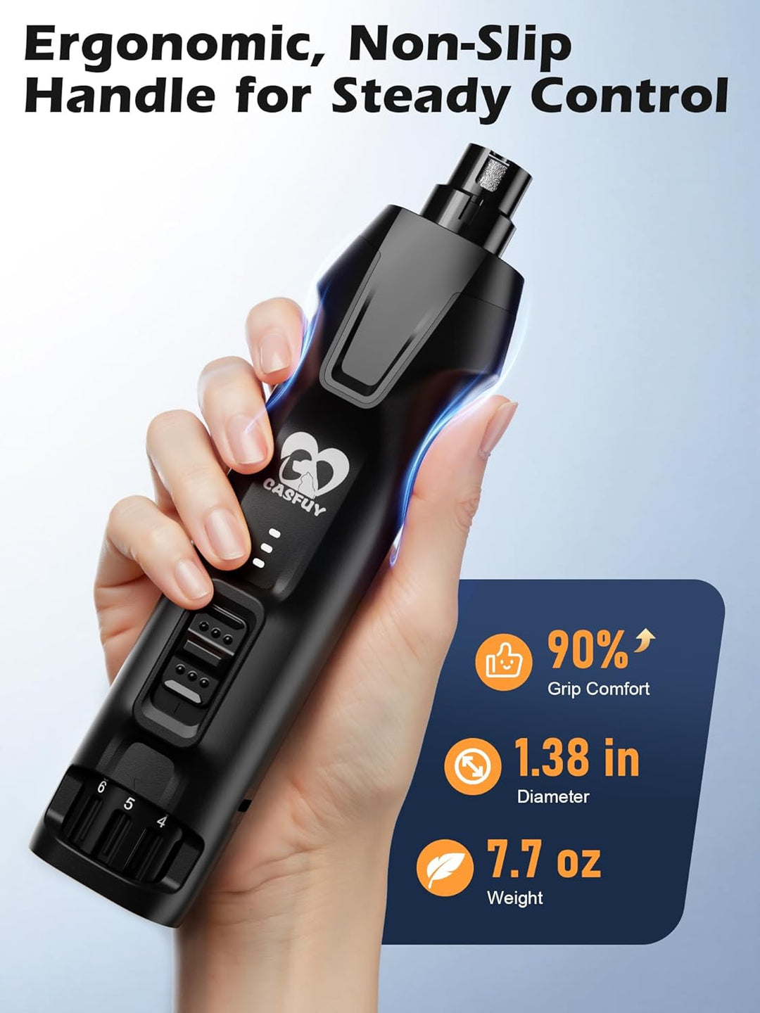 Casfuy 6-Gang-Hunde-Nagelschleifer - 50% Boosted Power Hund Nagelschneider Leise mit Dual-LED-Leucht
