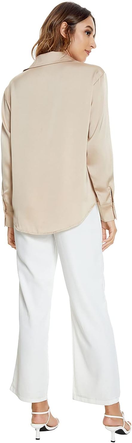 Atnlewhi Damen Bluse Langarm Knöpfen Satin Seide Hemden Basic Kent Kragen Arbeit Büro Formelle Casua