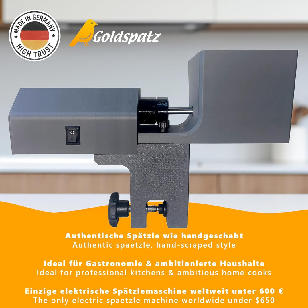 Profi MAX Plus elektrische Spätzlemaschine - mit Elektromotor, Edelstahlkurbel & Klemme - für bis zu