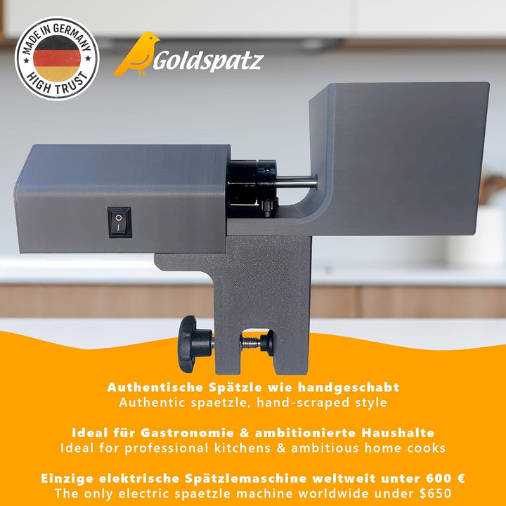 Profi MAX Plus elektrische Spätzlemaschine - mit Elektromotor, Edelstahlkurbel & Klemme - für bis zu