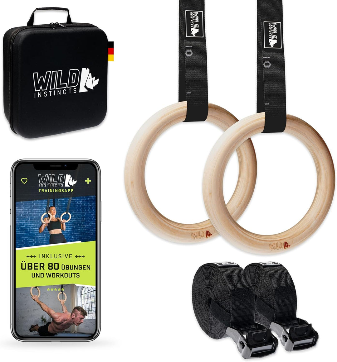 Wild Instincts® Premium Turnringe aus Holz 28mm / 32mm mit WebApp | Fitness-Ringe, Gymnastikringe, T