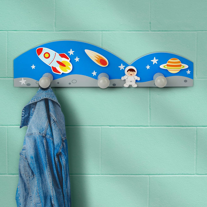 Mousehouse Gifts - Kinder Garderobenleiste mit 3 Haken - Weltraum - für Jungen Blau, Blau