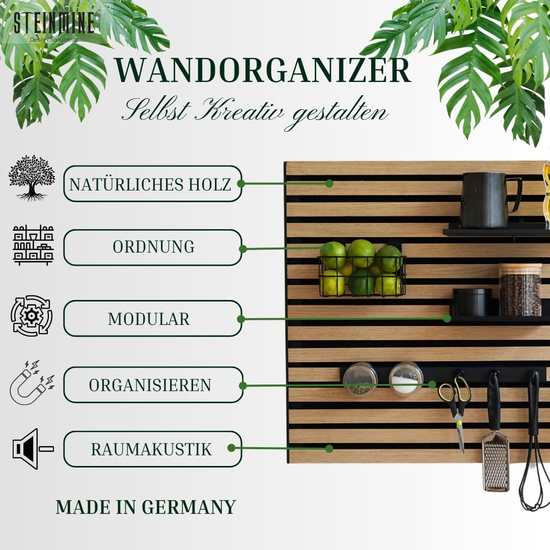 Steinmine - Designmanufaktur Wandorganizer (60 x 60 cm) - Akustikpaneel mit Eichenholzlamellen - ink
