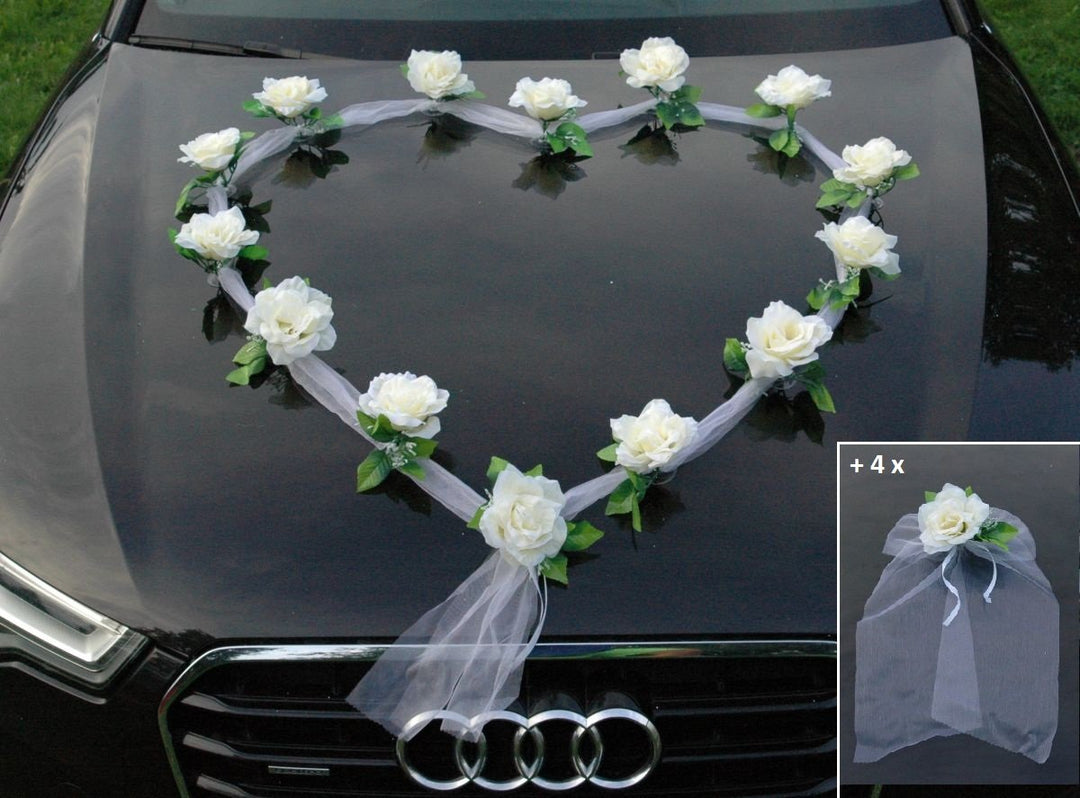 Organza Herz Auto Schmuck Braut Paar Rose Deko Dekoration Autoschmuck Hochzeit Car Auto Wedding Deko