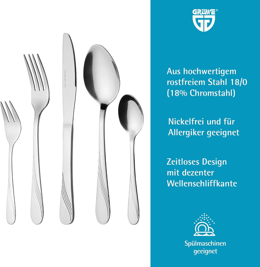 GRÄWE Besteckset für 6 Personen aus Edelstahl, Tafelbesteck Set 30-teilig, nickelfrei, rostfrei, han