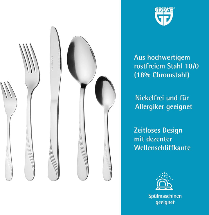 GRÄWE Besteckset für 6 Personen aus Edelstahl, Tafelbesteck Set 30-teilig, nickelfrei, rostfrei, han