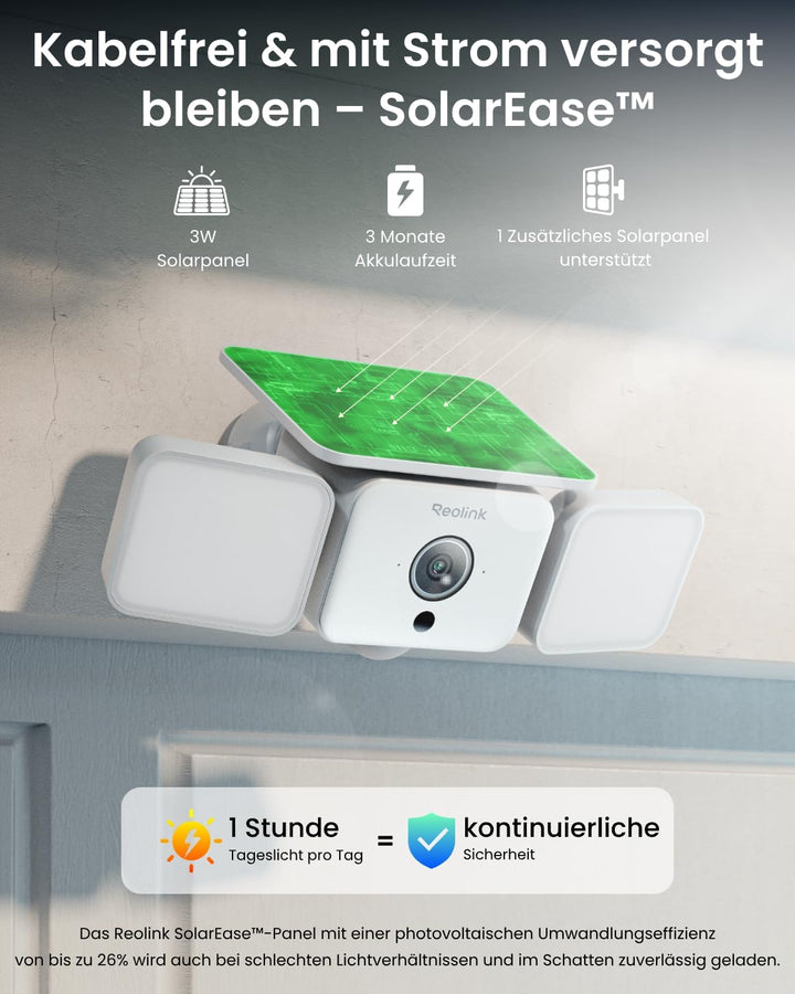 Reolink 2K Überwachungskamera Aussen Solar Akku, 150°Ansicht, bis zu 1000 lm Licht & Sirenenalarm, K