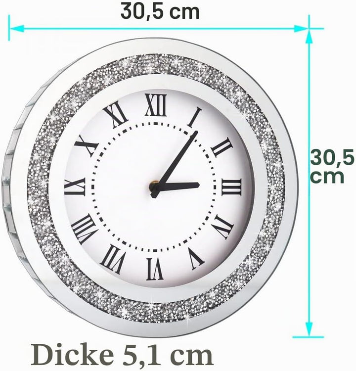 DMDFIRST Silberfarbener runder Spiegel, 30,5 cm, Kristallglitzer, glitzernd, Diamant-Spiegel-Wanduhr