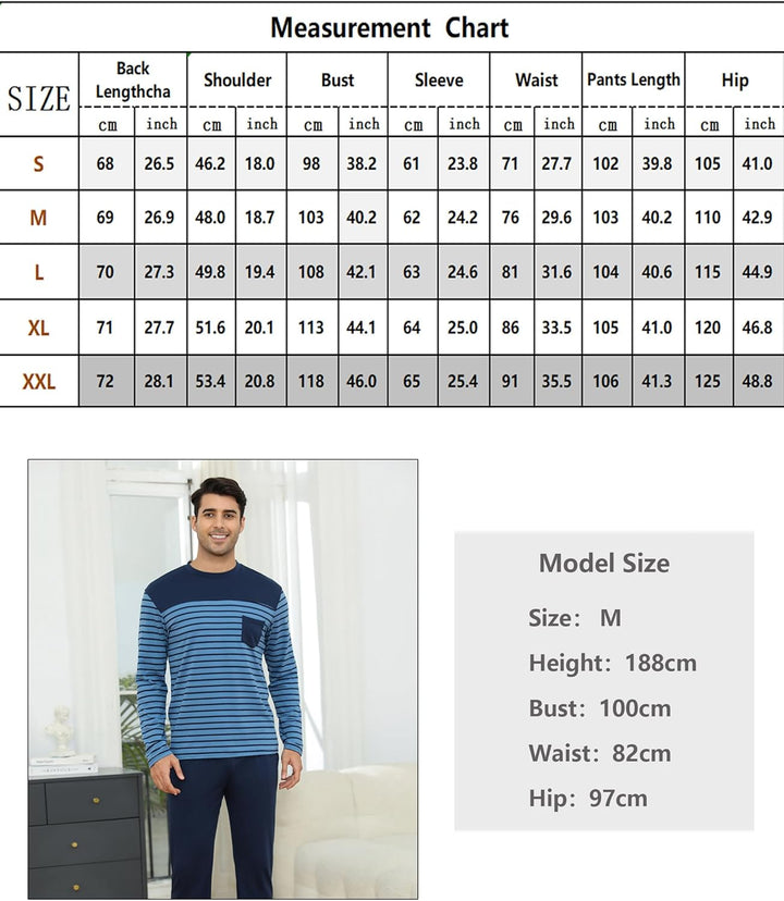Irdcomps Schlafanzug Herren Pyjama Lang Winter Baumwolle Nachtwäsche Männer Set Langarm Gestreift M