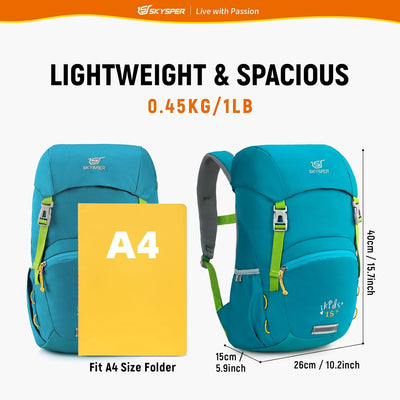 SKYSPER KIDS 15+ Kinderrucksack komfortabler Wanderrucksack Kinder für Jungen & Mädchen Cyan, Cyan