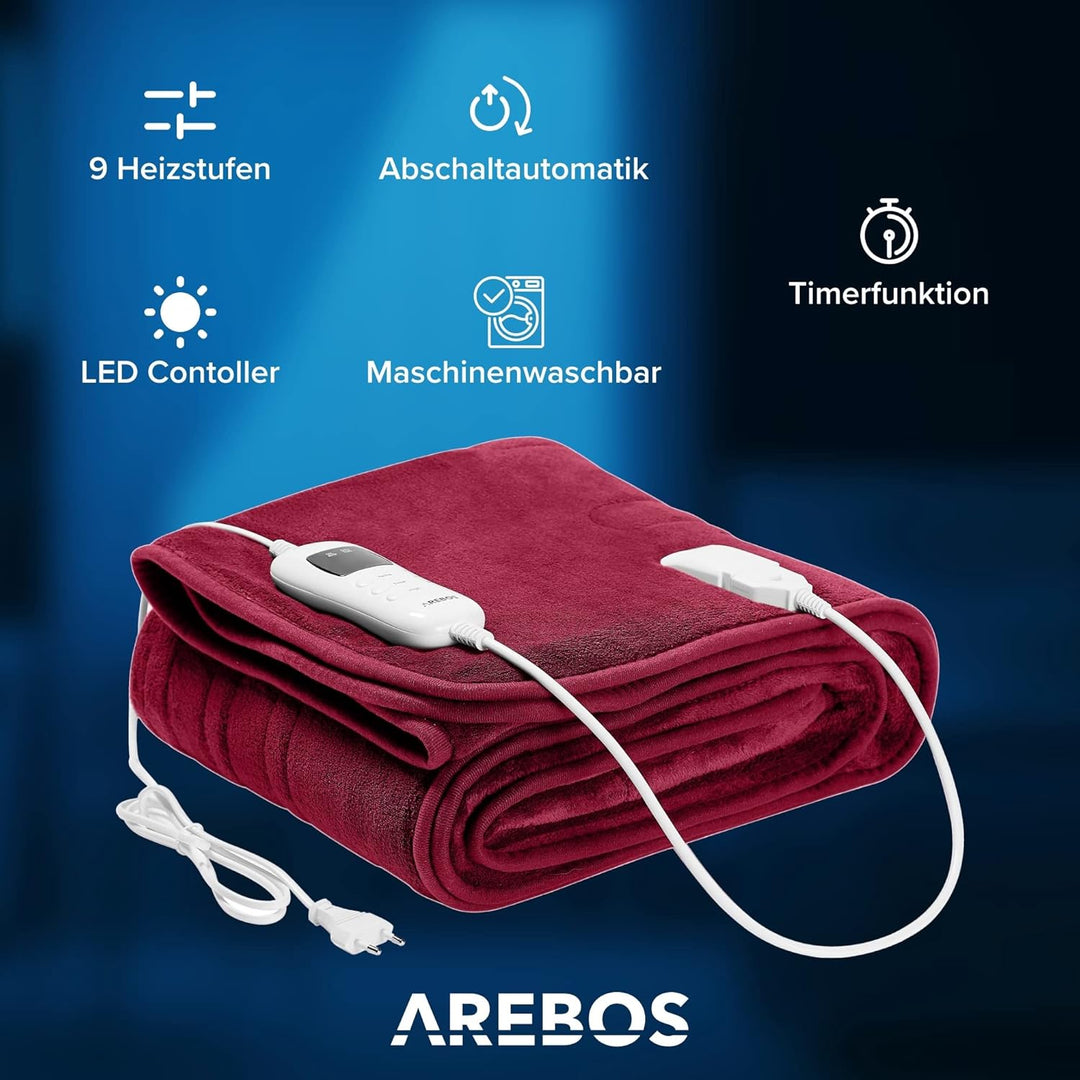 Arebos Heizdecke aus Plüsch 160 x 120 cm | elektrische Wärmedecke mit Abschaltautomatik | maschinenw