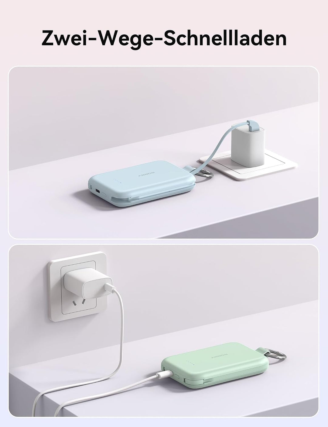 RORRY CharmGo 10000mAh Powerbank, PD 30W Schnellladen, Portable Charger mit integrierten Kabeln und