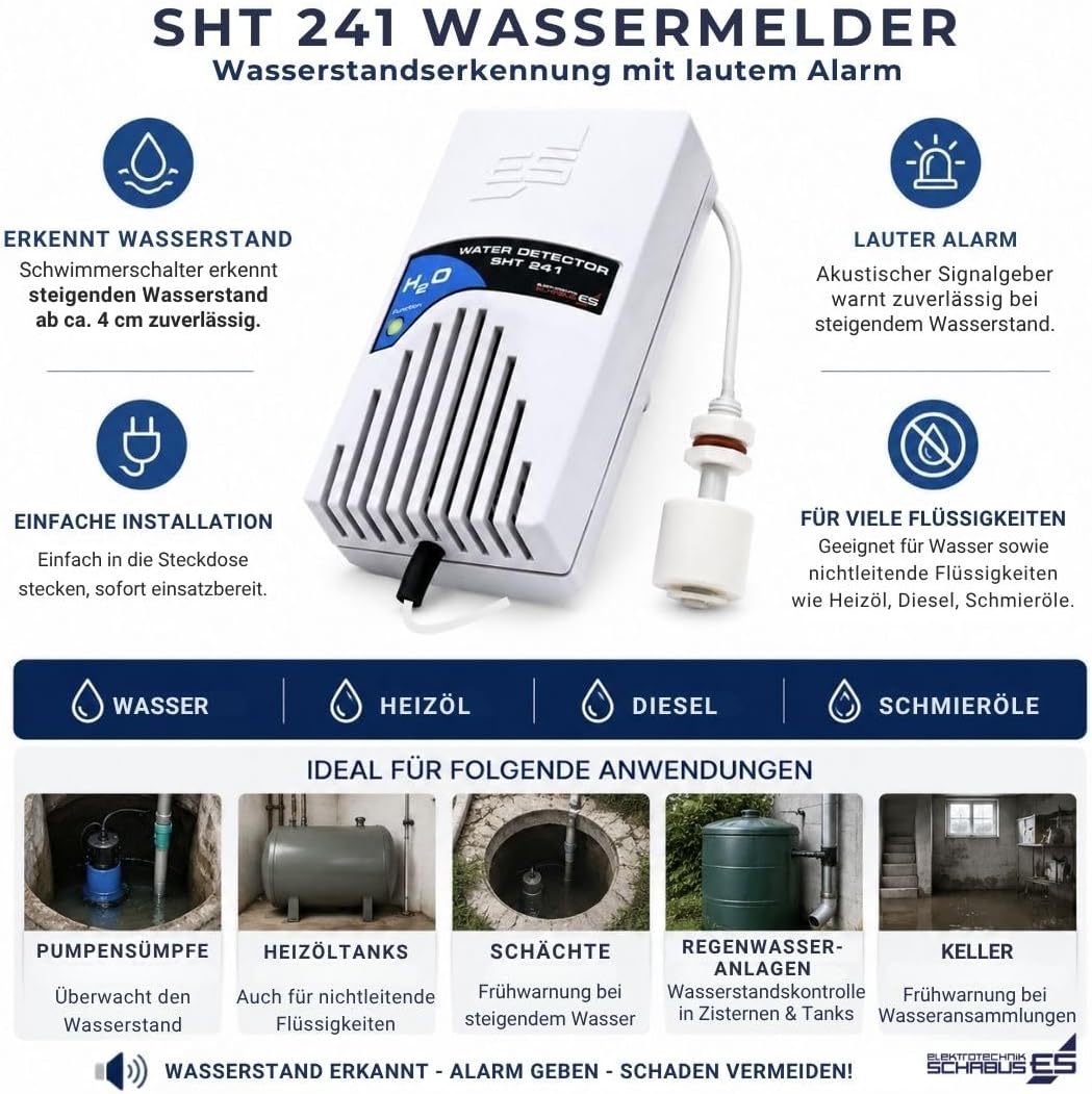 Schabus SHT 241 Wassermelder mit externem Mini-Schwimmerschalter, netzbetrieben