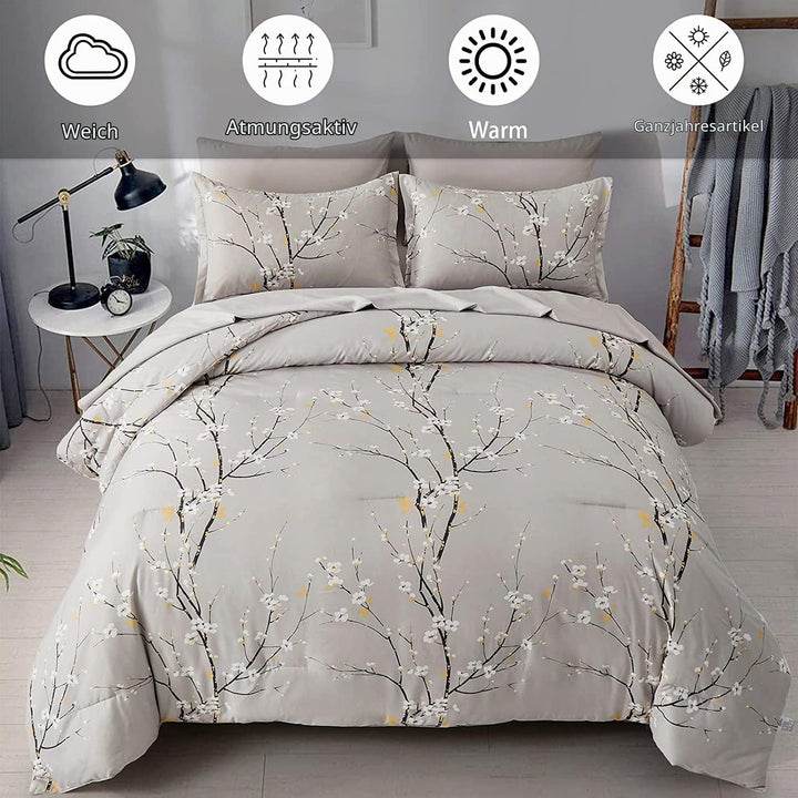 Lanqinglv Bettdecke 200x220cm Ganzjahresdecke 4 Jahreszeiten,Grau Weiss Blätter Blumenmuster Steppde