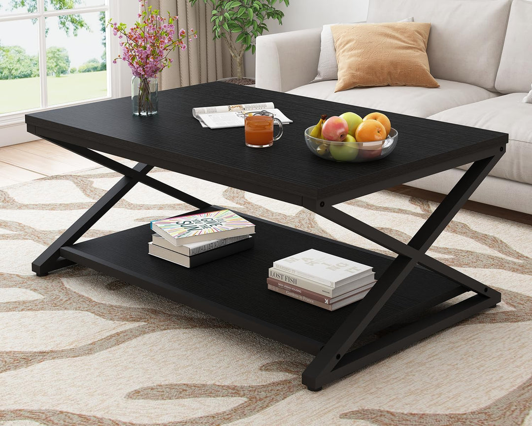 HSH Couchtisch Holz Schwarze Wohnzimmertisch mit Ablagen Moderner Sofatisch mit Stauraum Stabiler Ka