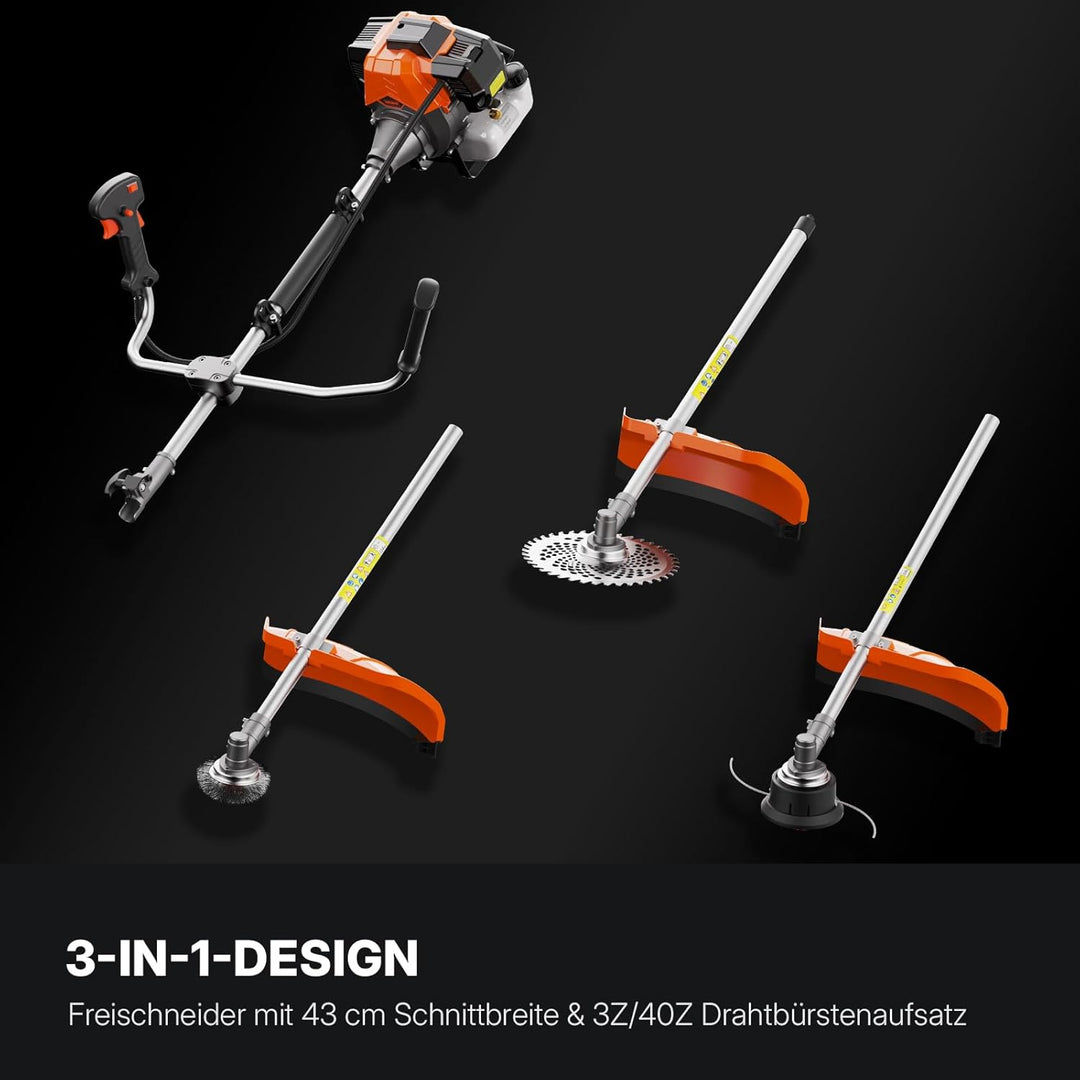 WORKIT 52 cm³ Motorsense Benzin 2 PS, 3-in-1 Freischneider Benzin & Rasentrimmer Benzin Set, inkl. U