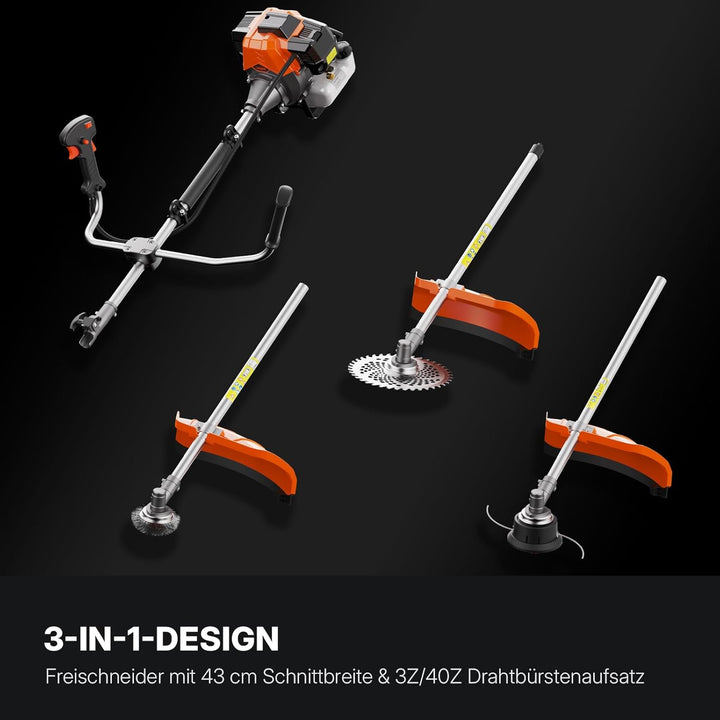 WORKIT 52 cm³ Motorsense Benzin 2 PS, 3-in-1 Freischneider Benzin & Rasentrimmer Benzin Set, inkl. U