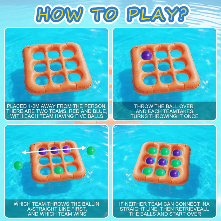 Poolspiel-Set Tic-Tac-Toe,Aufblasbares Poolspielzeug Mit 10 Bällen, Handpumpe,Wasser Schwimmender Ti