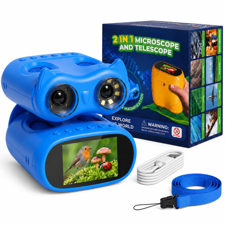 2 in 1 Mikroskop für Kinder und Fernglas Kinder, 2,0" IPS HD Mikroskop, 1000x Vergrösserung Teleskop