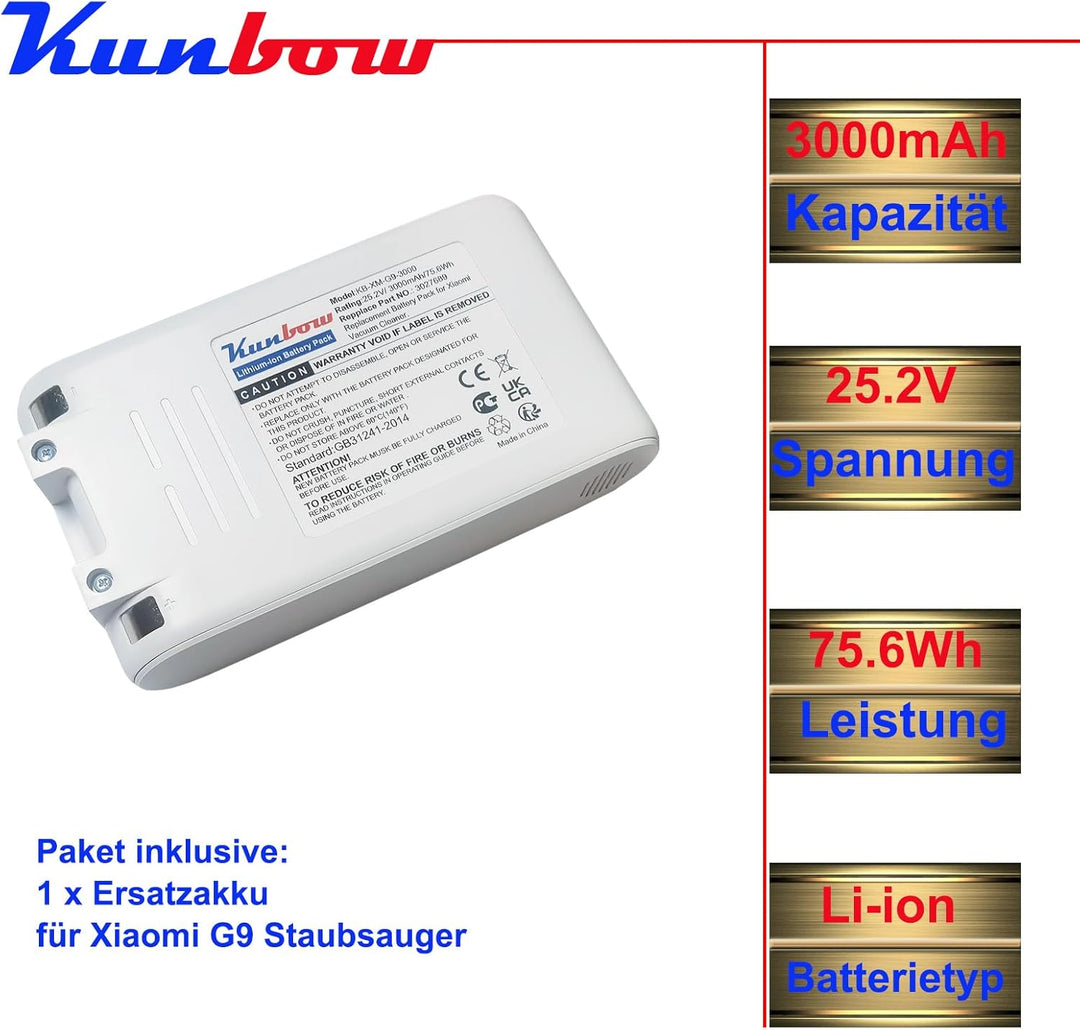 3000mAh Ersatzakku für Xiaomi G9, G9 Plus, G10, G10 Plus Staubsauger, akku für Dreame T10, T20, T20