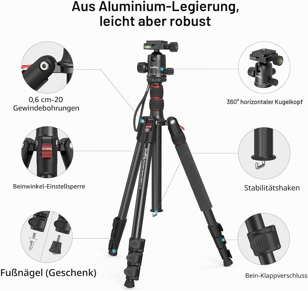 SMALLRIG 71" Kamera-Stativ, faltbares Aluminium-Stativ Einbeinstativ, 360°Kugelkopf abnehmbar und Sc