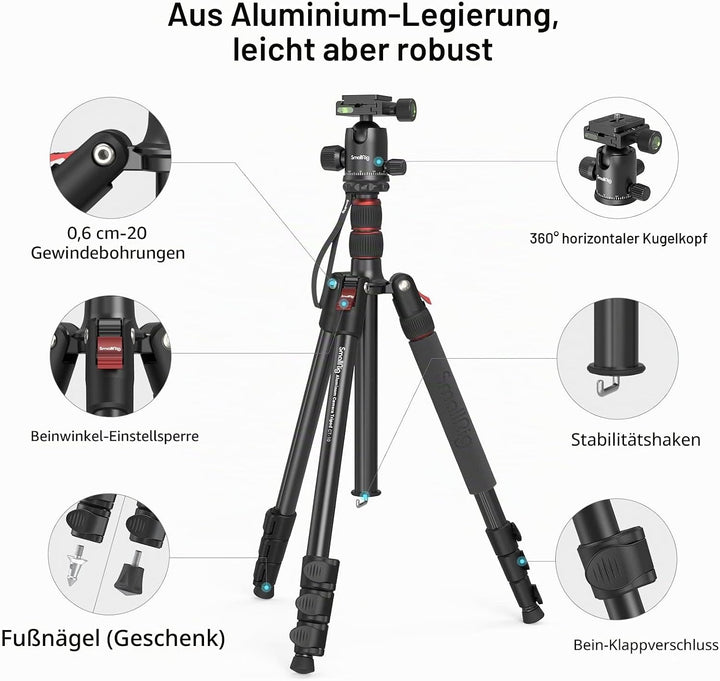 SMALLRIG 71" Kamera-Stativ, faltbares Aluminium-Stativ Einbeinstativ, 360°Kugelkopf abnehmbar und Sc