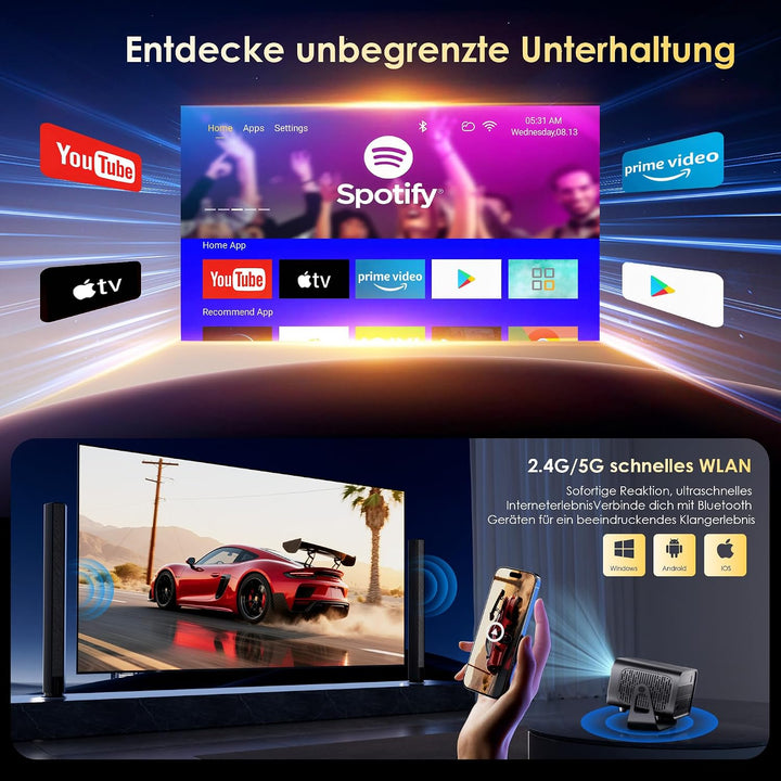 Mini Beamer 4K Smart Beamer【Offizielle App】mit Full HD 1080P, 1000 Lumen, Autofokus und Trapezkorrek