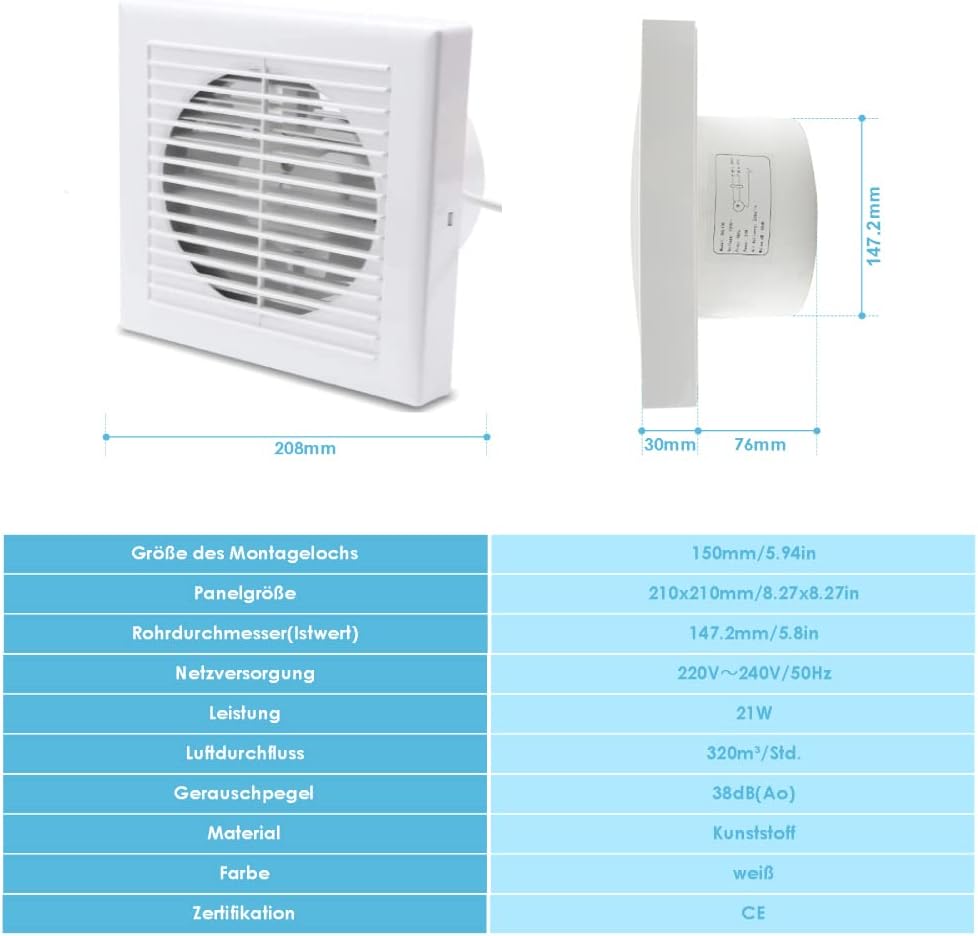 Badlüfter 150mm, Badezimmerlüfter Lüfter für Effiziente Belüftung Leiser Betrieb Abluftventilator Ve